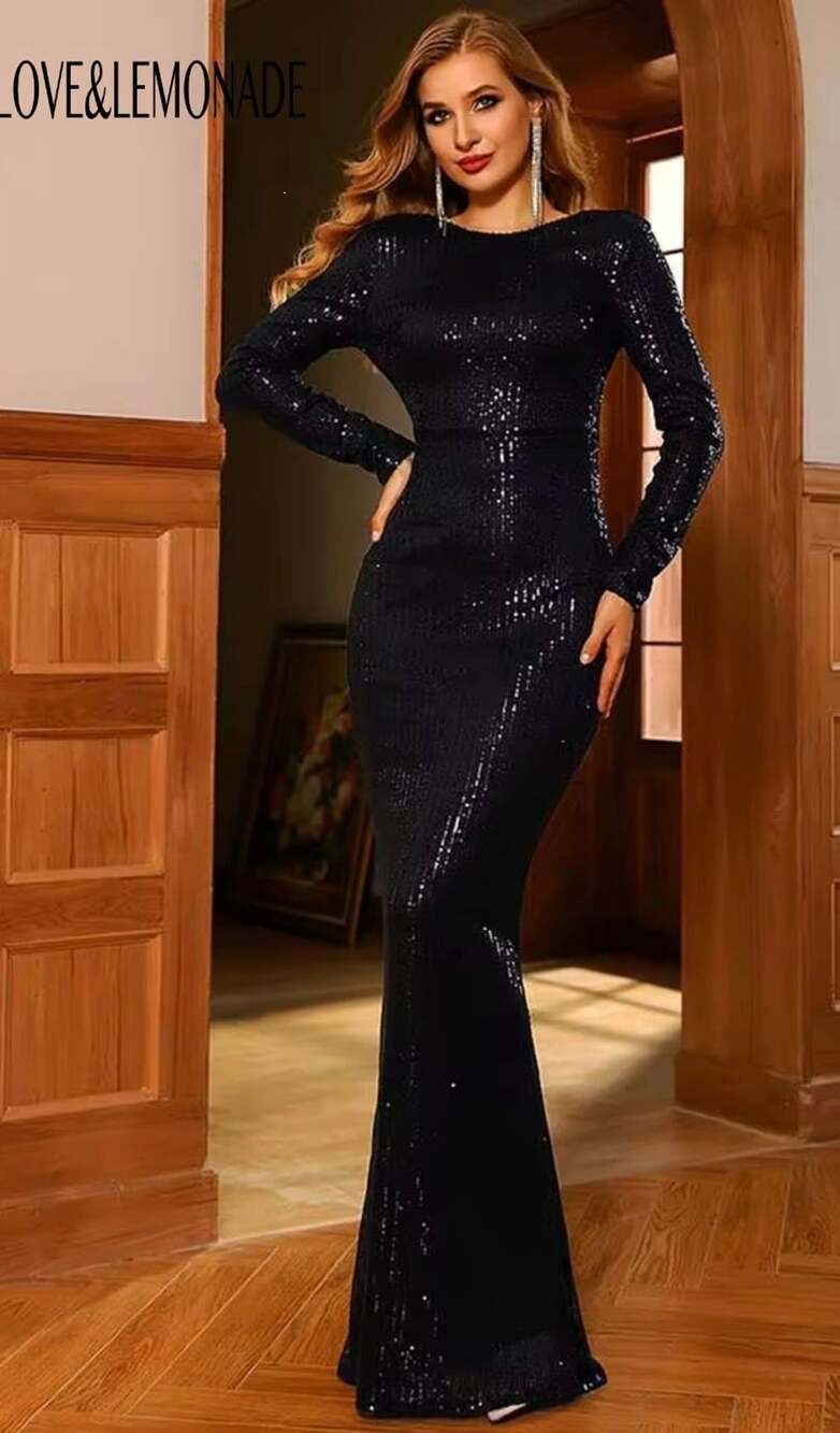 Love & Lemonade Black Long Sleeve Low Back Sequin Prom Dress